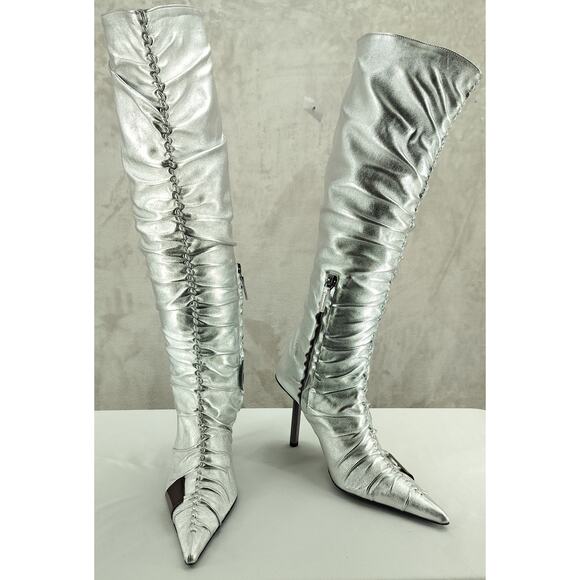 GIABORGHINI Parisi Silver High Heel Leather Boot - Picture 6 of 11